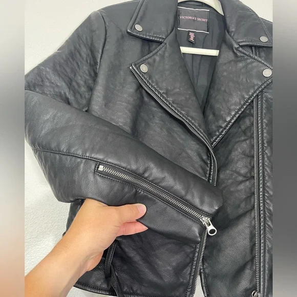 Victoria’s Secret Leather Jacket Coat Belt Black Silver Hardware Zip Women Small - Picture 3 of 5